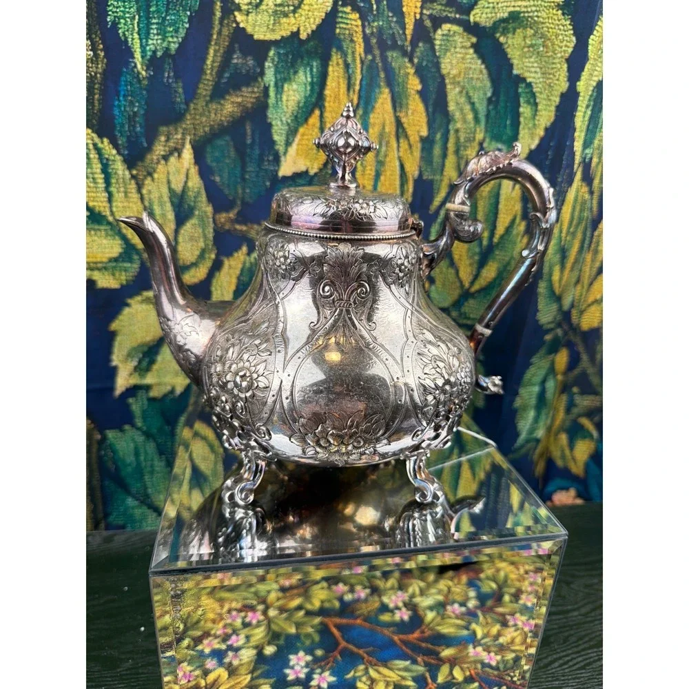 Antique Henry Graves Birmingham Silver Plate Teapot‎ Victorian Repousse Footed